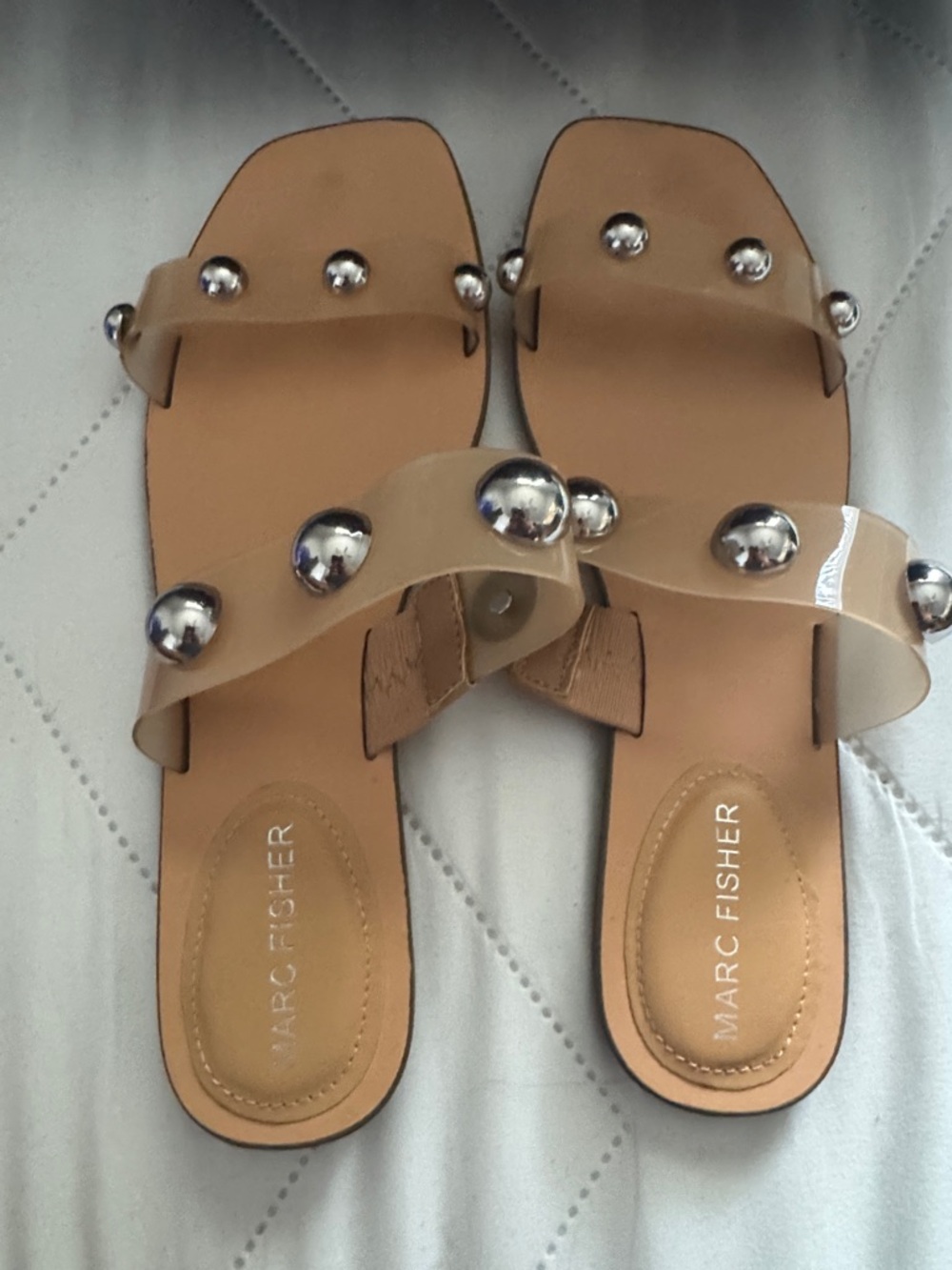 Marc Fisher Nude Tan Slide Sandals with Silver Studs